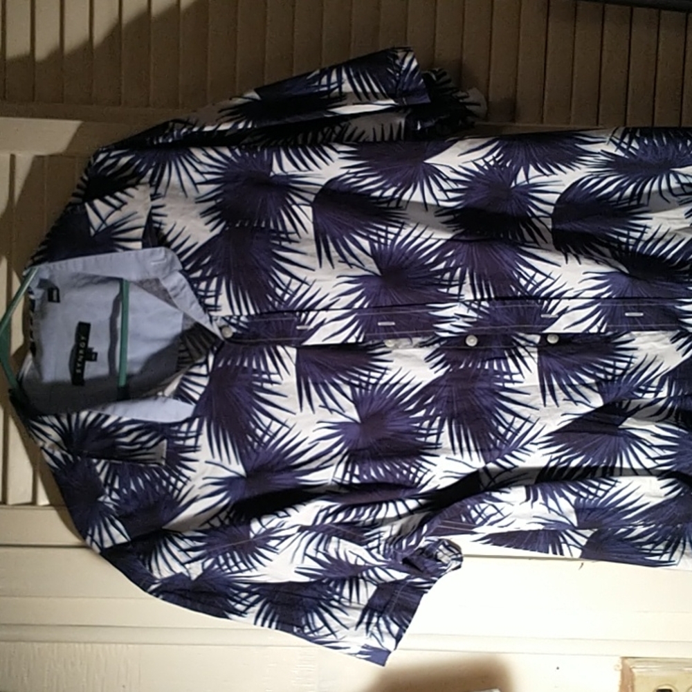 Synergy by DXL Men Hawaiian short sleeve button shirt blue white palms sz 2 XL